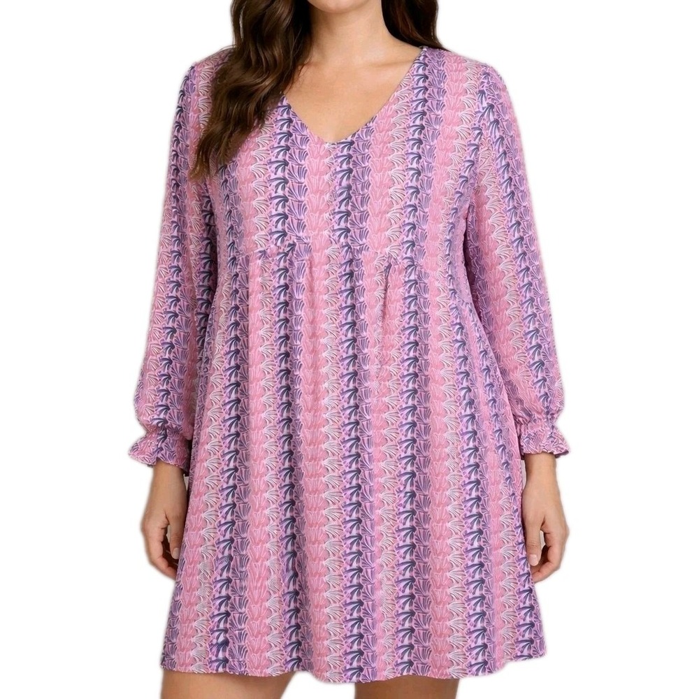 Simply Southern Pink and Navy Long Sleeve V-Neck Dress - Picture 2 of 12